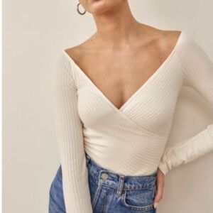 Reformation Minnie White Faux Wrap Sweater Top M